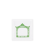 Green pagoda design on a white background