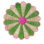 Decorative flower-shaped mat with green and beige petals and a pink center on a white background
