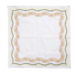 A square white napkin with a decorative border featuring a tan leafy wreath design and thin olive green and cream stripes.