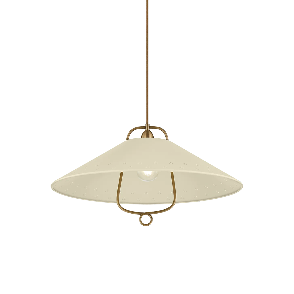 A modern pendant light with a wide, shallow conical shade in a warm cream color, suspended by a slim brass rod with matching brass support brackets.