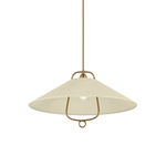 A modern pendant light with a wide, shallow conical shade in a warm cream color, suspended by a slim brass rod with matching brass support brackets.