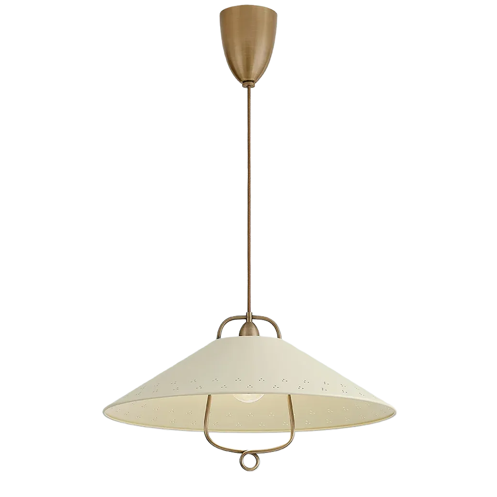 A mid-century modern pendant light with a warm brass metal frame and a cream-colored conical shade featuring small perforated details near the rim.