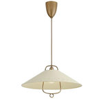 A mid-century modern pendant light with a warm brass metal frame and a cream-colored conical shade featuring small perforated details near the rim.