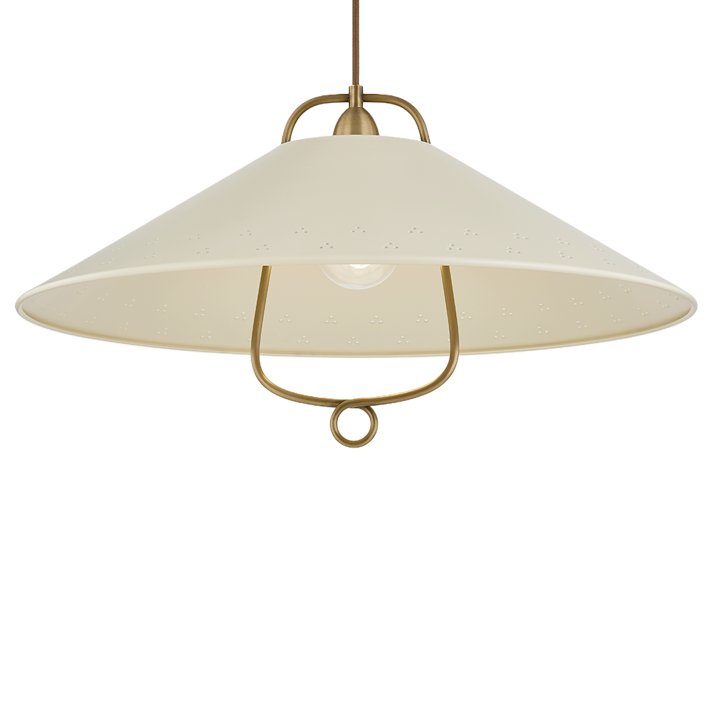 A modern pendant light fixture with a wide, shallow conical shade in a warm cream color, supported by a brass-toned metal frame and hanging rod against a plain white background.