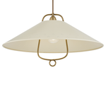 A modern pendant light fixture with a wide, shallow conical shade in a warm cream color, supported by a brass-toned metal frame and hanging rod against a plain white background.