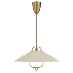 A modern pendant light fixture with a brushed brass/gold metal canopy, stem, and decorative support arms, paired with a wide, tapered off-white shade featuring small perforations.