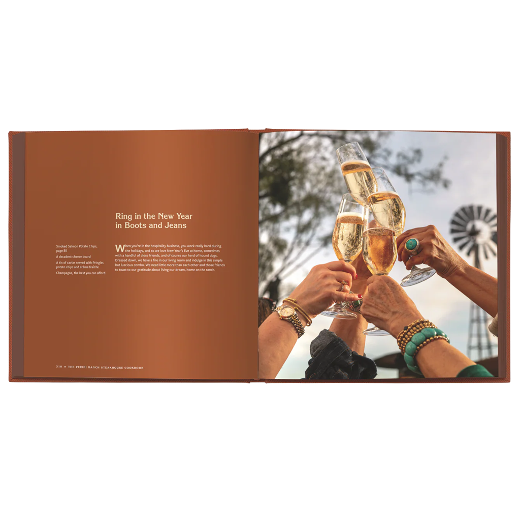 Book open to a page with champagne glasses and text about celebrating New Year's Day outdoors.