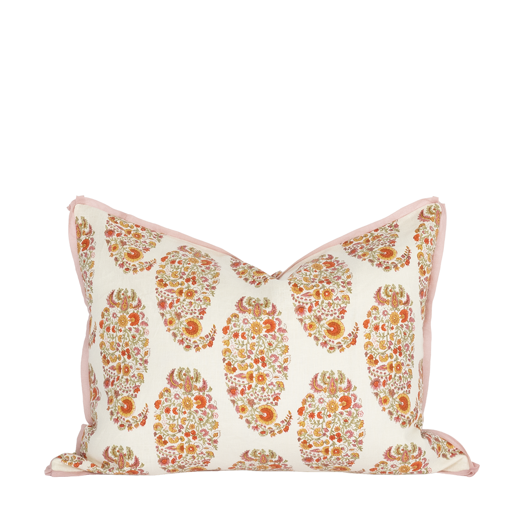 lumbar pillow with orange and yellow pattern