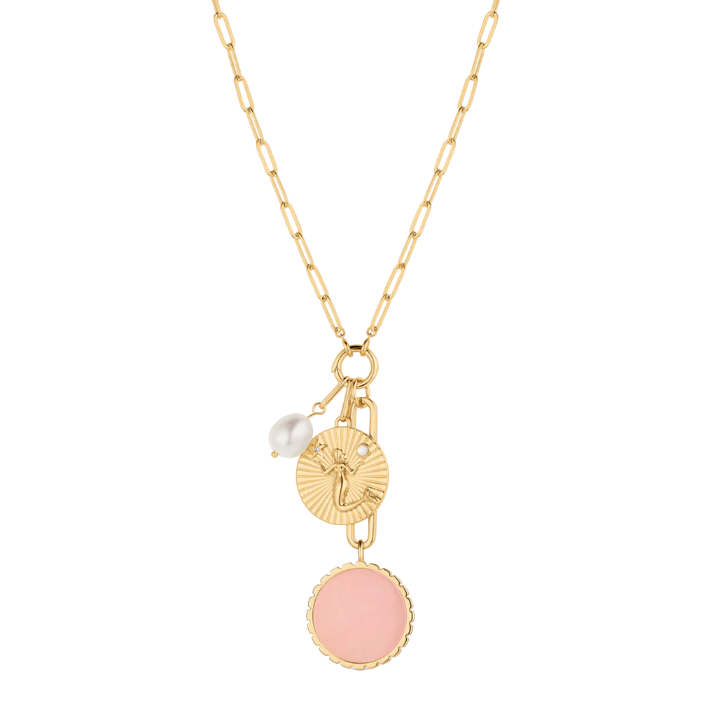 Gold necklace with pink and white pendant on a white background