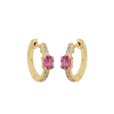 Diamond &amp; Pink Sapphire Huggie Gold Earrings 13mm