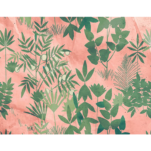 Pattern of green leaves on a pink background