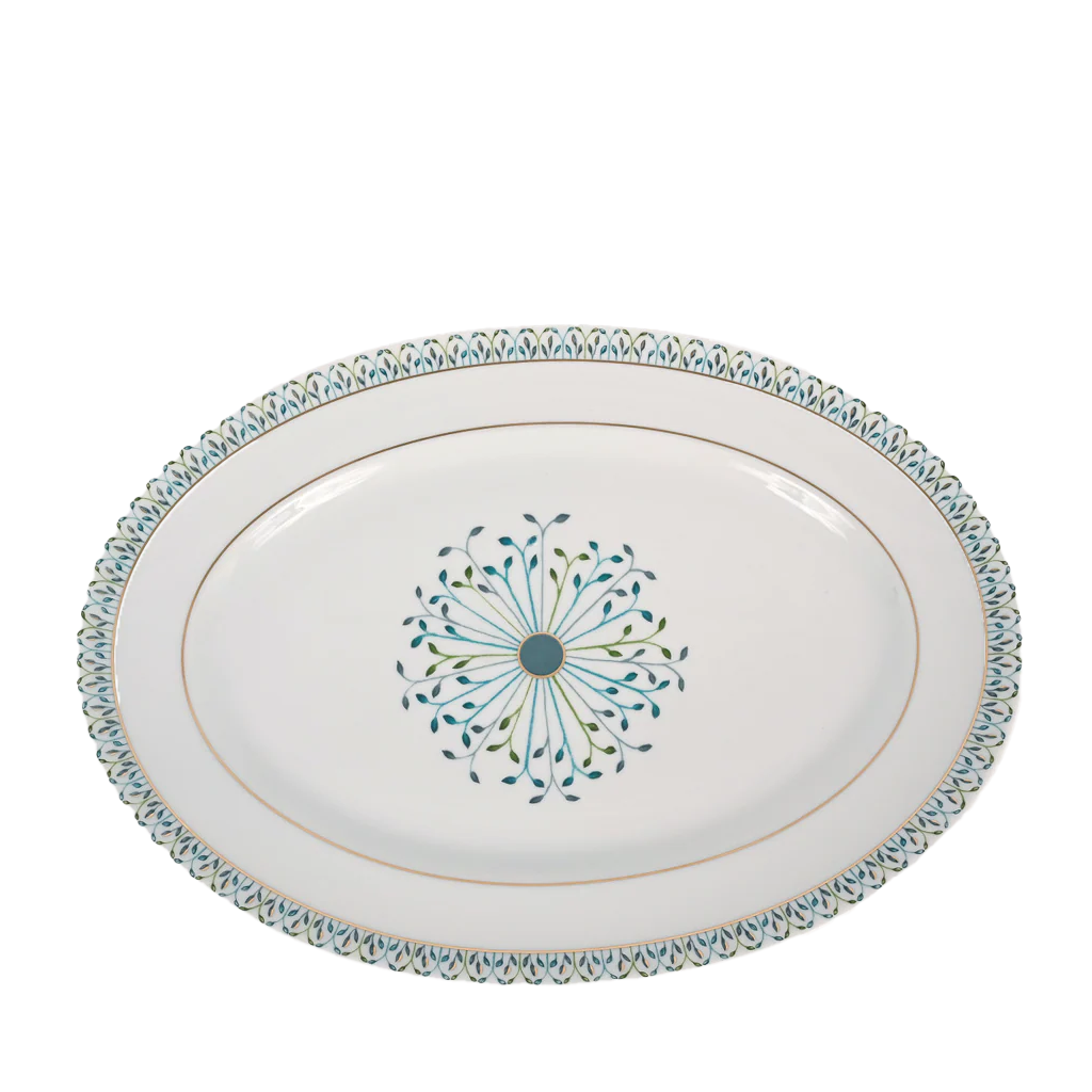 Decorative oval platter with a central floral design on a white background