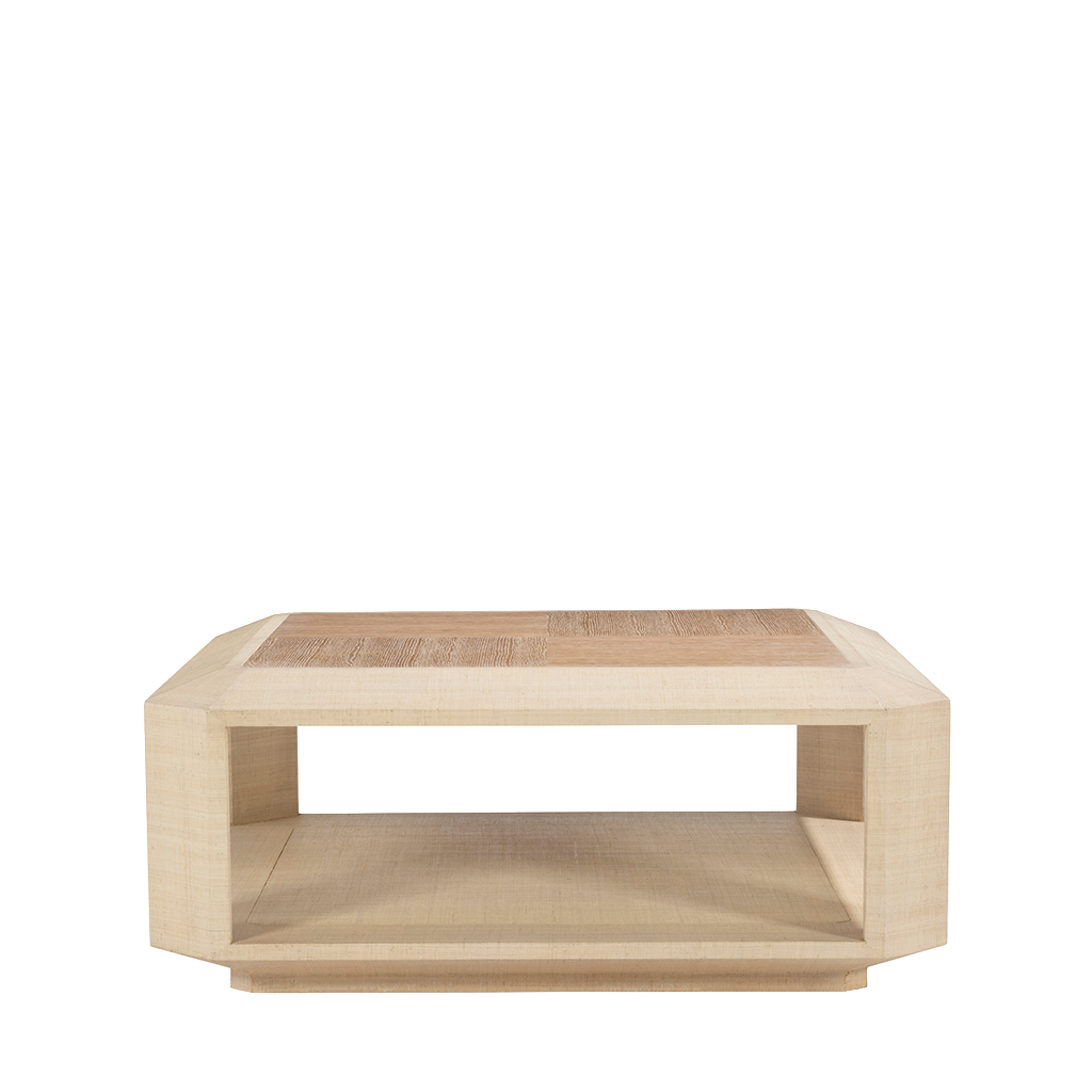 Wooden coffee table with a geometric design on a white background