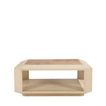 Wooden coffee table with a geometric design on a white background
