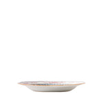 Side view of a shallow decorative ceramic plate with a gently flared rim, finished with a thin gold edge. The interior features soft pink floral motifs and a blue geometric border, while the white exterior has a smooth, simple profile.