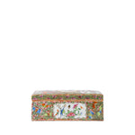 A rectangular ceramic box with a lid, decorated with a highly detailed, colorful Chinese Famille Rose style floral and bird pattern on a white porcelain base, set against a plain white background.