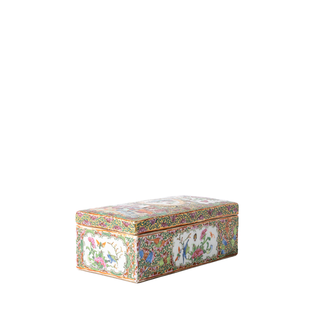 A rectangular ceramic box with a hinged lid, decorated with intricate hand-painted floral and bird motifs in a traditional Chinese porcelain style, set against a plain white background.