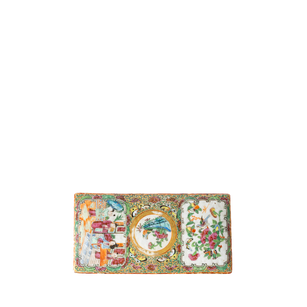 A rectangular Chinese porcelain plate with intricate hand-painted floral and landscape motifs, featuring a central oval scene and two side panels, set against a plain white background.