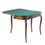 A vintage wooden game table with a green felt playing surface and curved legs, shown against a plain white background.
