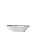 Side view of a square ceramic serving bowl with gently flared sides and a white exterior. A colorful floral border is visible around the rim, highlighting the bowl's decorative hand-painted design.
