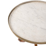 Round marble-top side table with a decorative brass or gold-toned metal rim and a small wooden leg, shown on a white background.