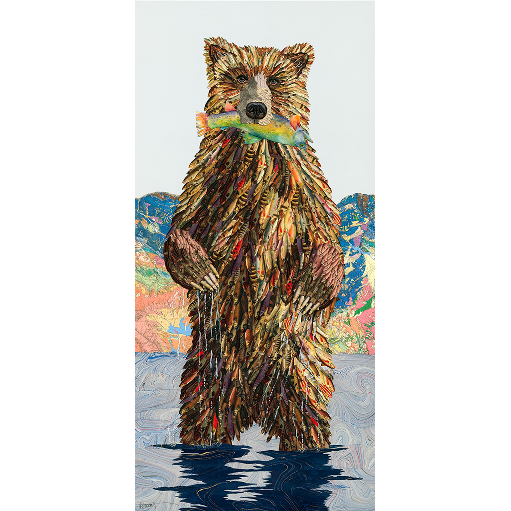 Colorful bear painting standing in water with a abstract landscape background