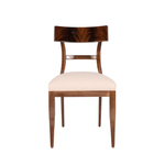 Walnut dining chair with pink subtle herringbone fabric and self-welt