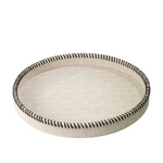 A round upholstered tray with a light beige linen-textured fabric and a dark brown stitched border, shown on a plain white background.