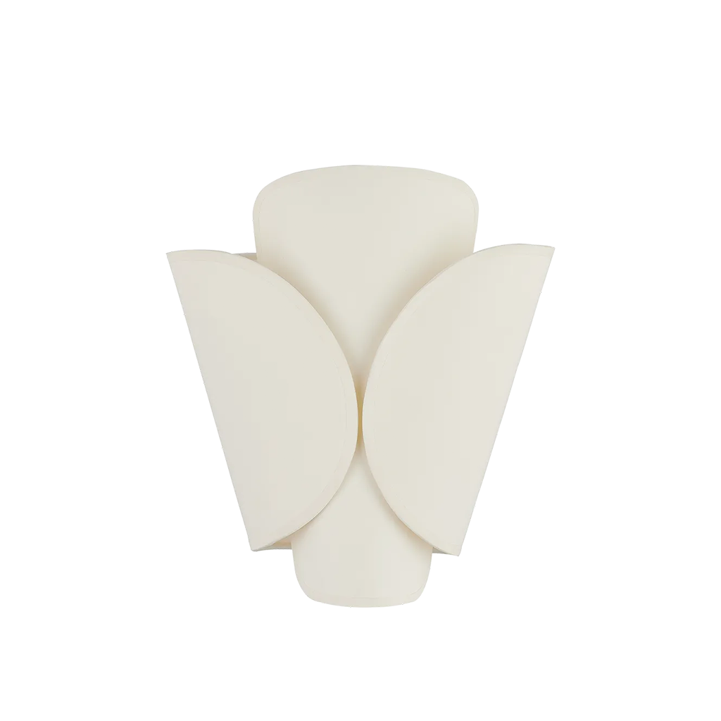 A modern sculptural wall light fixture in a warm off-white or cream finish, featuring layered organic petal-like shapes on a plain white background.