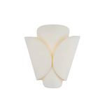 A modern wall sconce light fixture with a sculptural, layered petal-like design in a warm off-white or cream finish, casting a soft warm glow against a solid white background.