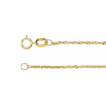Close-up of a gold chain necklace showing the lobster clasp and ring extender on a plain white background.