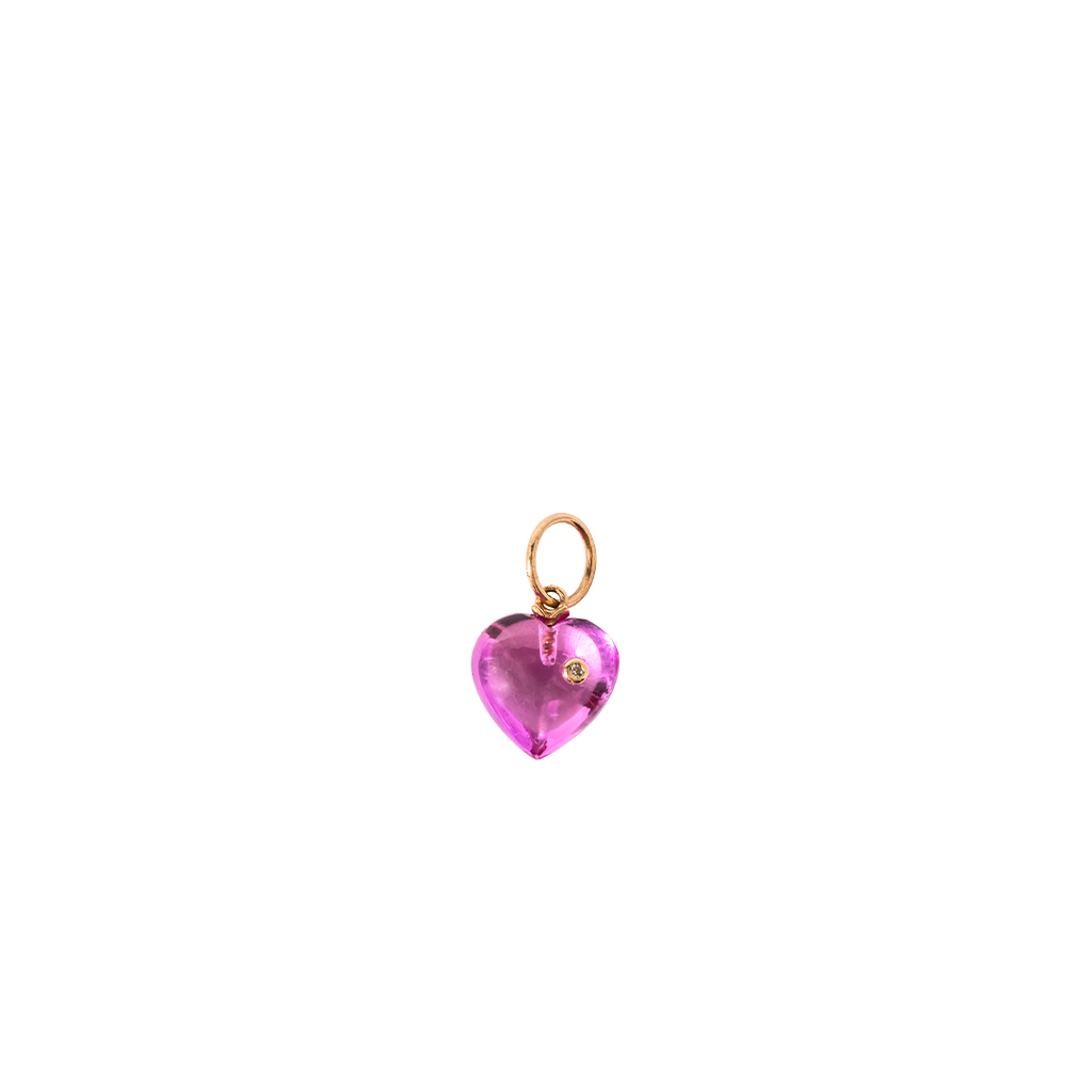 Heart-shaped pink gemstone pendant on a white background