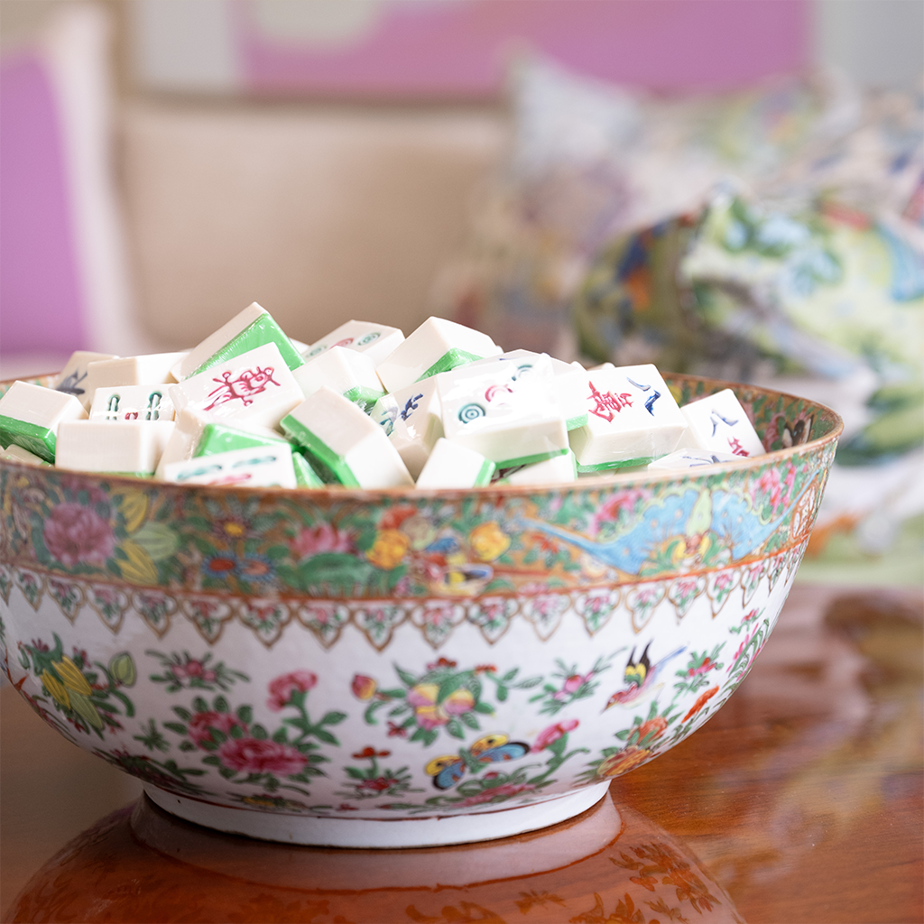 rose medallion bowl filled with mahjong tile soaps