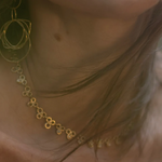 Close-up of a gold necklace with a delicate chain and pendant.