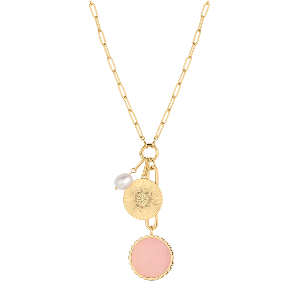 Gold necklace with pink and white pendant on a white background