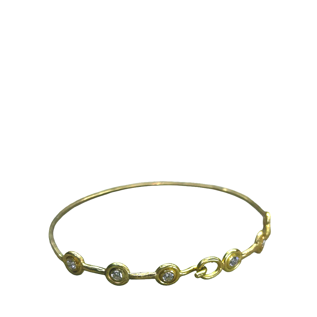 Gold bracelet with circular links and small diamonds on a white background