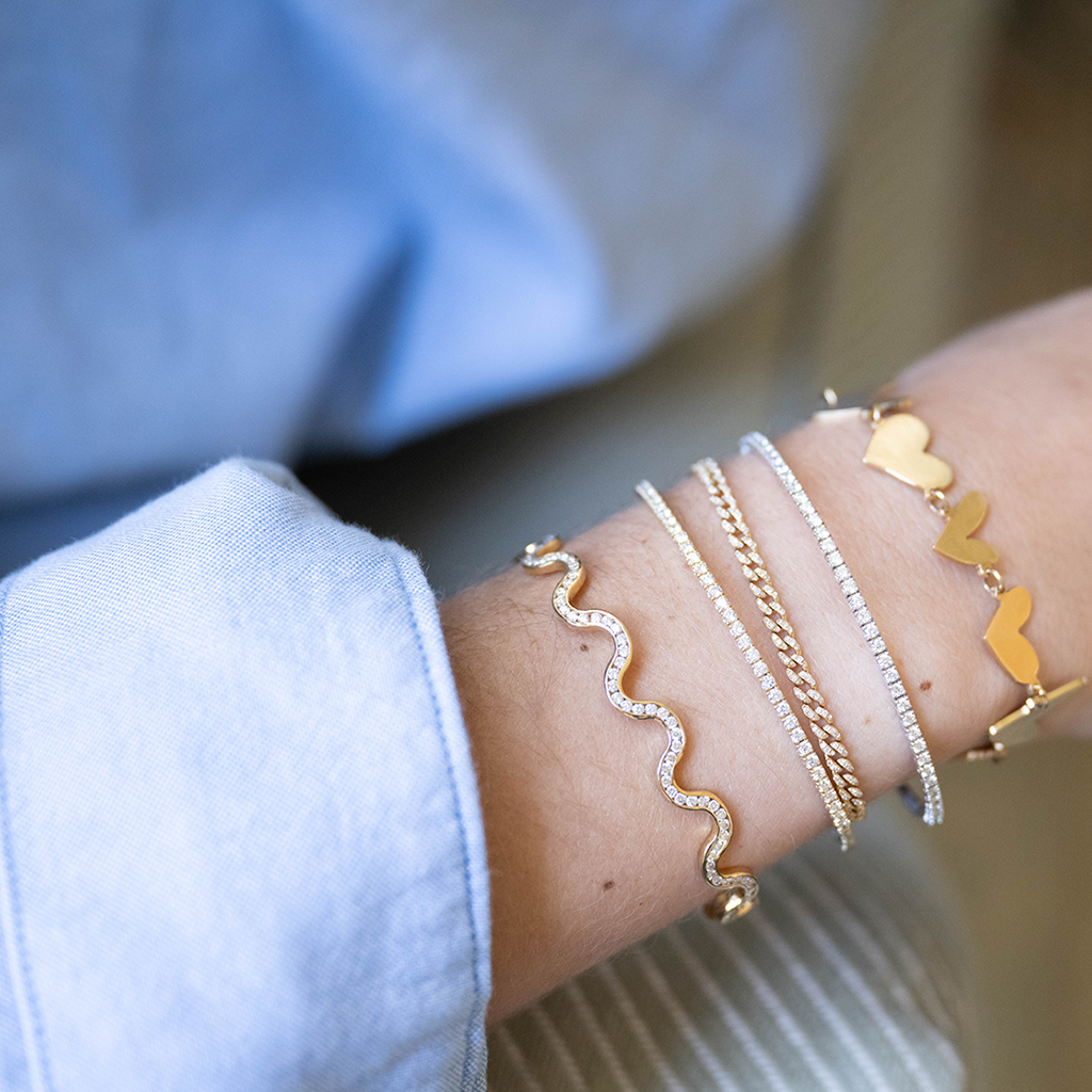 bracelet stack, diamonds and hearts 