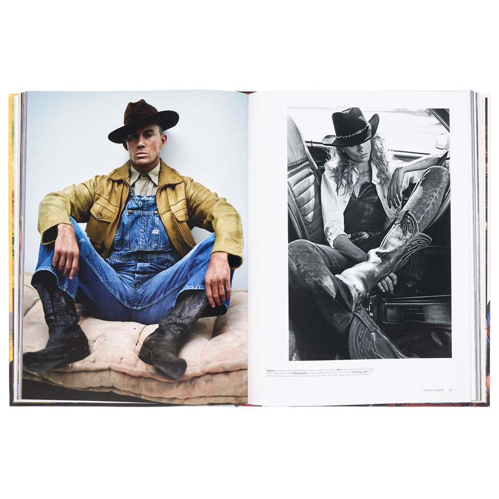 Open book showing two images of a person in cowboy attire, one in color and one in black and white.