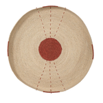 A round woven seagrass tray with a central rust-red circle and red dashed line details, shown from above on a white background.