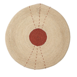 A round woven natural fiber tray with a central rust-red circle and radiating dashed line details, shown flat against a white background.