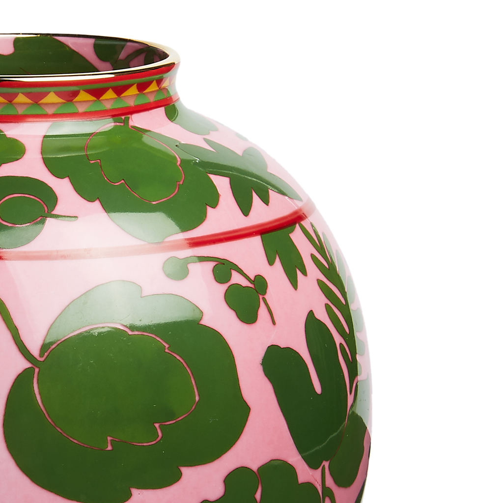 green and pink vase with wildbird print close up image