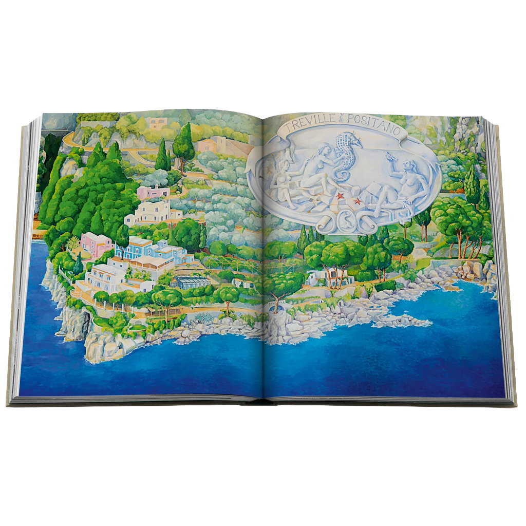 A photo of an open coffee table book with a colorful image on a white background