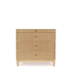 Beige dresser with three drawers on a white background