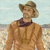 A textured painting of a cowboy wearing a wide-brimmed hat, a brown fringed shirt, and a purple scarf, set against a light blue sky and distant mountains.