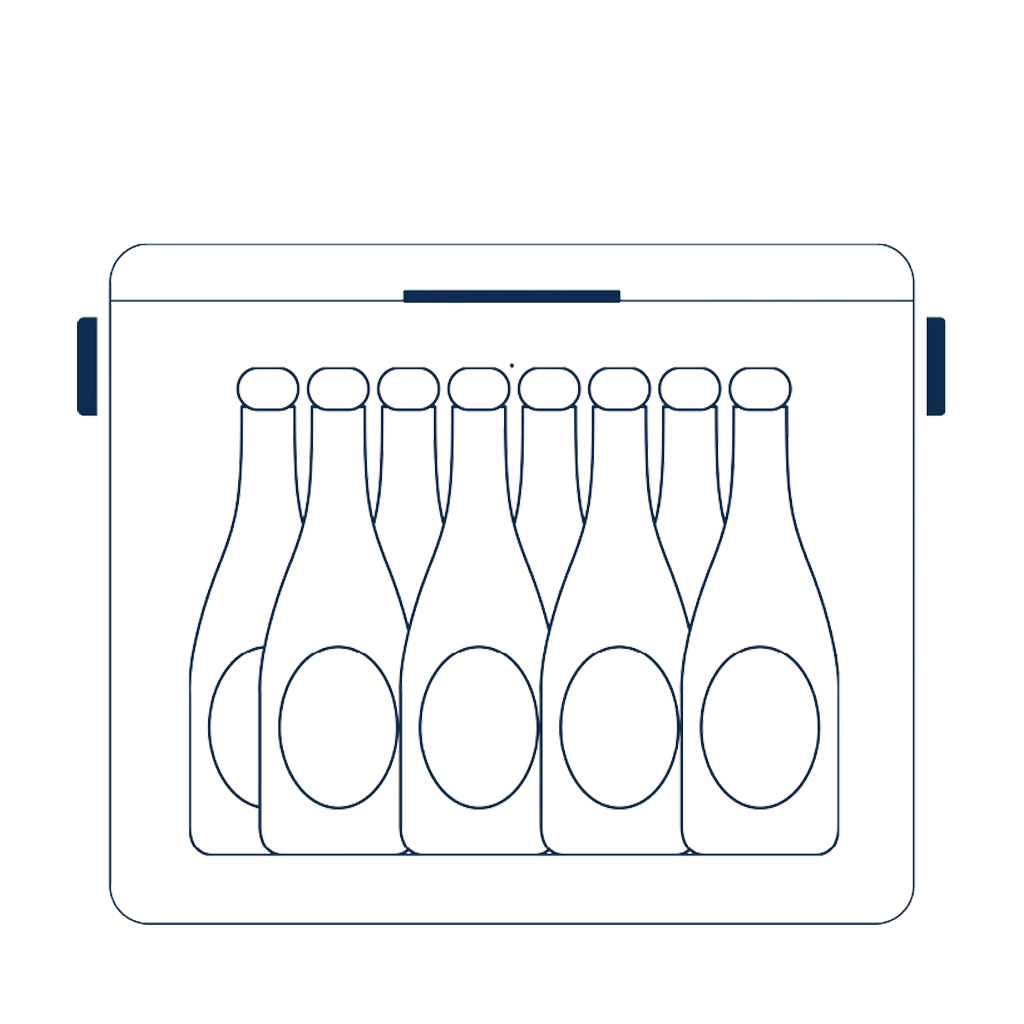 A simple line illustration shows the interior capacity of a FIELDBAR cooler holding eight upright bottles arranged in two rows. The graphic uses clean navy outlines on a white background to demonstrate the cooler's bottle storage layout.