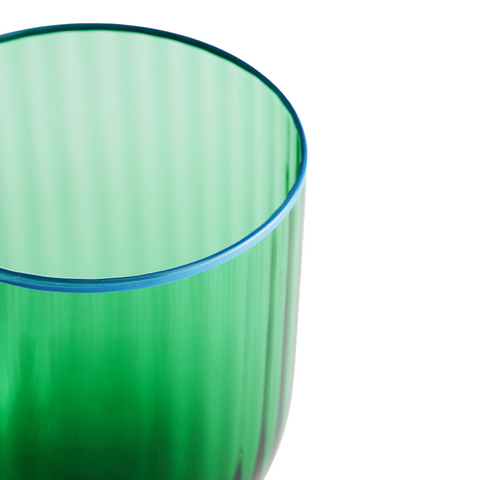 Emerald Wine Glass with ridges on the top of the glass. Close up of the rim of the glass which is detailed with a line of blue on the rim
