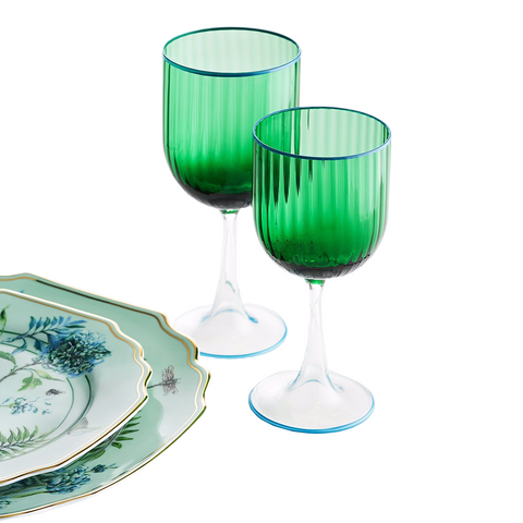 Emerald Wine Glass with ridges on the top of the glass. Two glasses side by side
