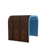 Two-toned stool with wooden pattern on one side and blue on the other on a white background