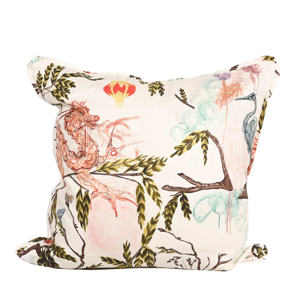 Pink Dragon & Heron Pillow