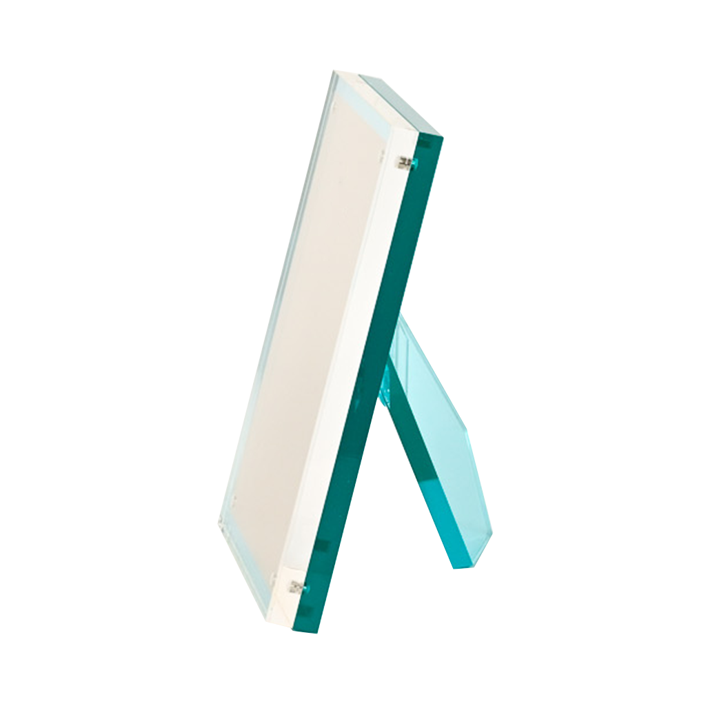 Image of a turquoise lucite frame at an angle 